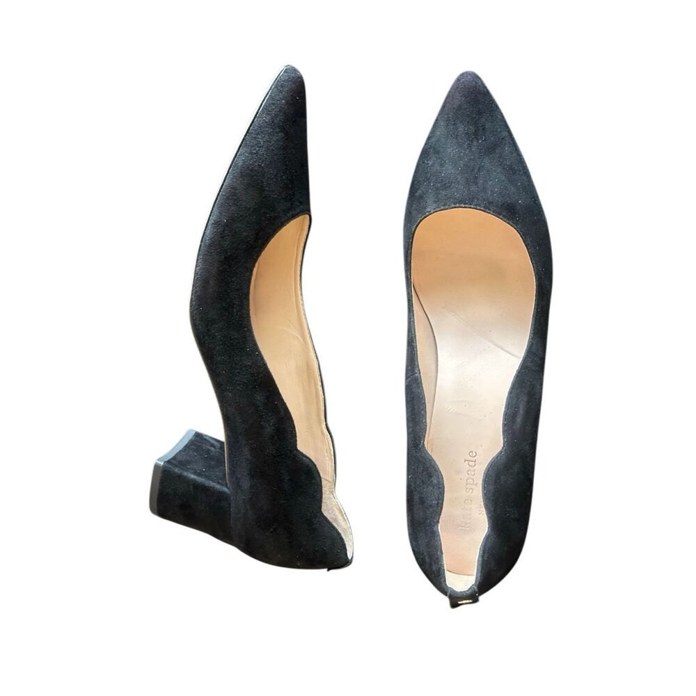 Kate Spade Mindi Yasmin Black Suede Pumps 8.5M Scalloped Block Heels Shoes
